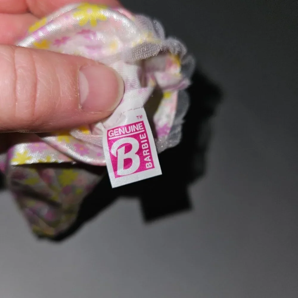 VTG Barbie Pink Yellow Floral Dress Spaghetti Straps Lace Trim